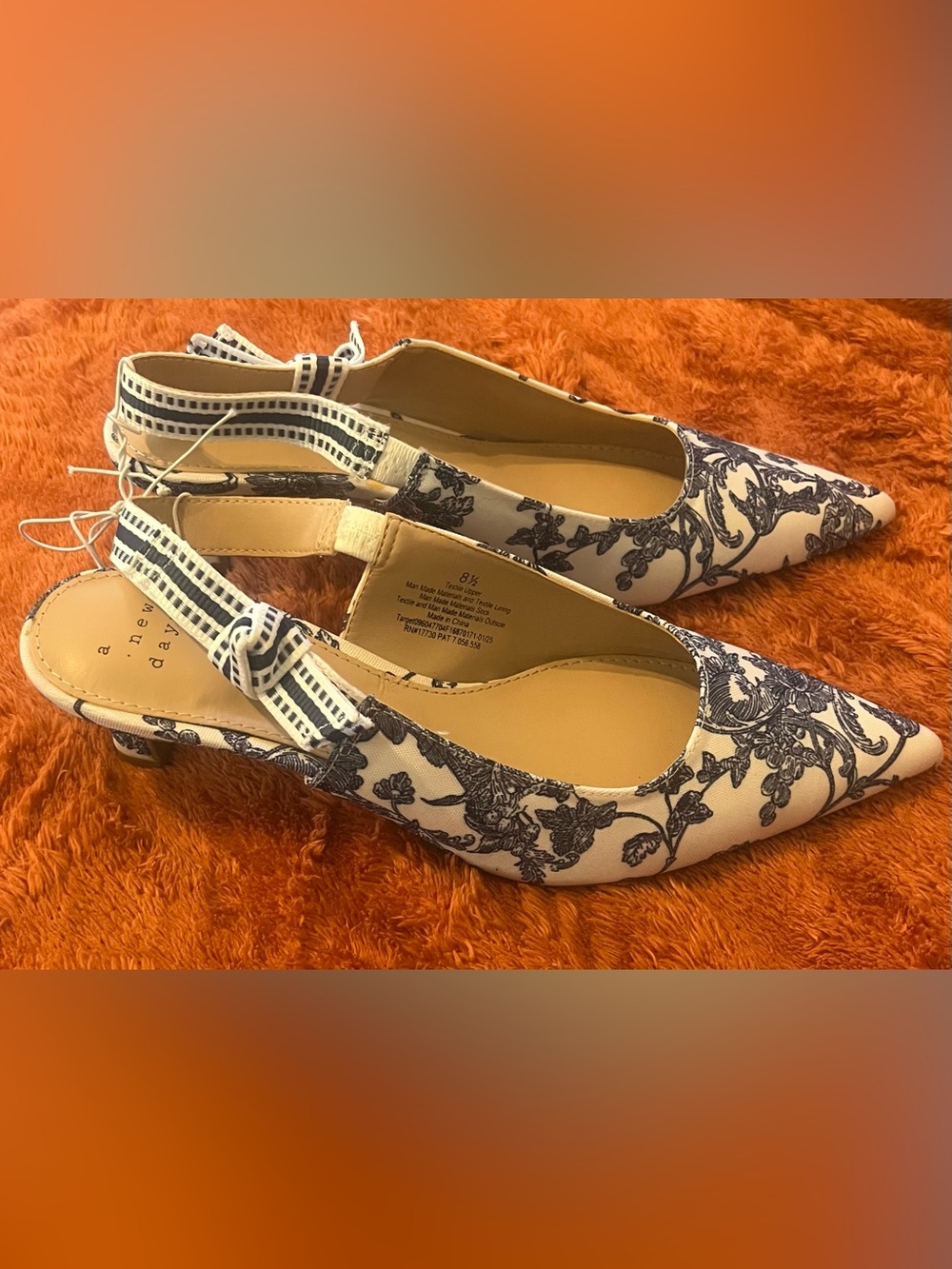 NWOT a new day Cream Slingback Flats with Navy Floral Print